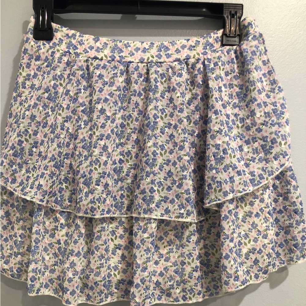 Altar’d State Mini Skirt Ruffled Tiered Blue Flral Fairy Whimsy Boho Flirty Sz M